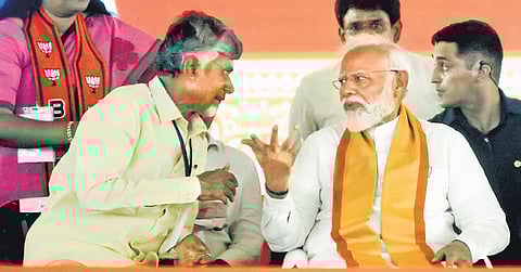 TDP supremo N Chandrababu Naidu & Prime Minister Narendra Modi at the Prajagalam meeting in Rajupalem, Anakapalle