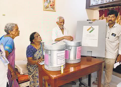 Senior citizens cast their vote at their home in Vijayawada