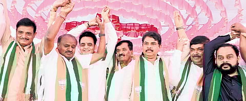 JDS state president HD Kumaraswamy, Leader of Opposition R Ashoka and other leaders at the coordination meeting, in Bengaluru on Sunday