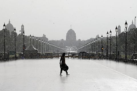 A small bout of rain hits the Kartavya Path amid a harrowing heatwave on May 29, 2024, in New Delhi.