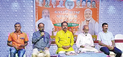 BJP’s Balasore Lok Sabha candidate Pratap Chandra Sarangi with party leaders and workers addressing mediapersons