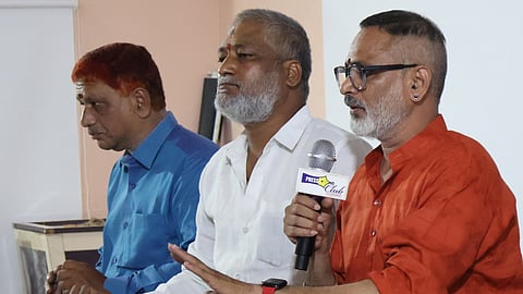 Members of Bathini family address a press meet at Somajiguda Press Club on Monday.