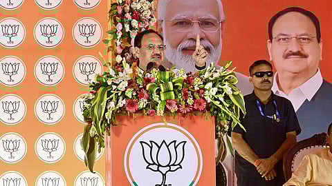 BJP President JP Nadda addresses a poll rally in Odisha on Thursday.