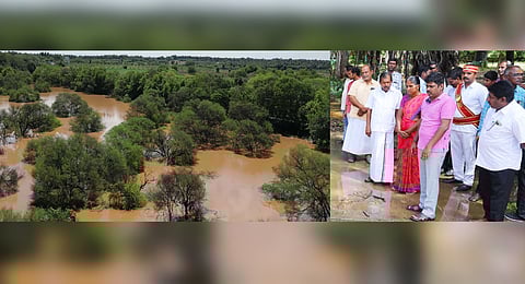 The Uthukuli pond (L); Tiruppur district collector T Christuraj and revenue officials inspect the pond
