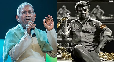 Veteran music composer Ilayaraja (L), a still from the teaser of Rajinikanth's upcoming film 'Coolie', directed by Lokesh Kanagaraj (R).