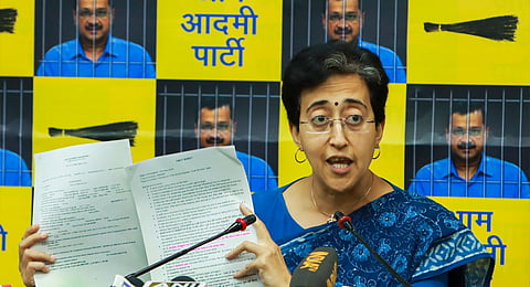 Delhi Minister and Aam Aadmi Party leader Atishi addresses a press conference regarding the party’s Rajya Sabha MP Swati Maliwal’s alleged assault case, in New Delhi, Friday, May 17, 2024.