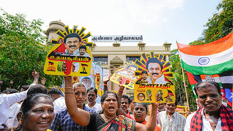 DMK supporters celebrate the party's lead during counting of votes for Lok Sabha elections, at party headquarters, Anna Arivalayam, in Chennai, Tuesday, June 4, 2024.