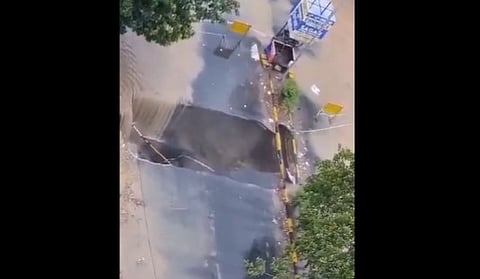 A part of the road collapsed due to heavy rainfall in Gujarat.