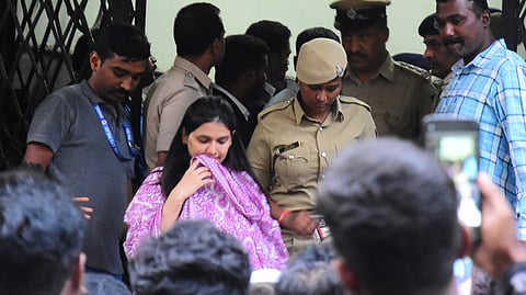 Pavithra Gowda being brought to Magistrate Court in Bengaluru on Saturday.