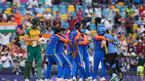 India's players celebrate their win against South Africa in the ICC Men's T20 World Cup final cricket match at Kensington Oval in Bridgetown, Barbados.