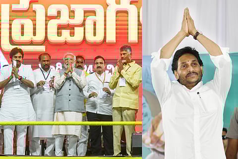 TDP supremo N Chandrababu Naidu and Janasena chief Pawan Kalyan with PM Modi (L) YSRC chief and Andhra CM Jagan Mohan Reddy