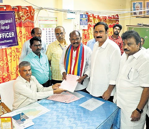 PMK Candidate C. Anbumani filed is nomination papers in Vikravandi on Wednesday.