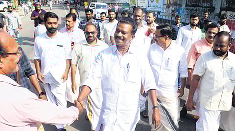 Alathur LDF candidate K Radhakrishnan greets voters after emerging victorious in the polls on Tuesday
