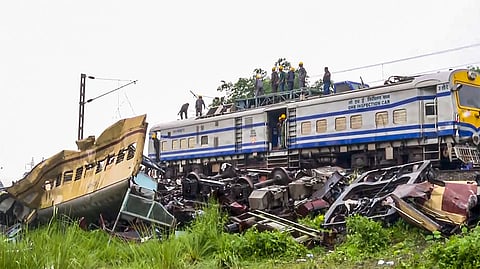 Wreckage of trains a day after the collision between the Kanchanjunga Express and a goods train, near New Jalpaiguri.