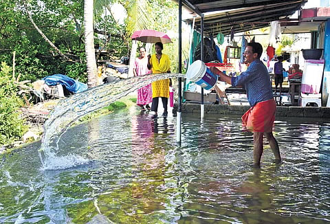D P Binu, a resident of Thanthoni Thuruth,trying to clear the water that entered his house during the high tide on Sunday