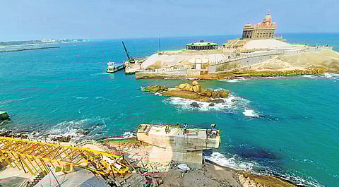 The seaside pedestrian bridge connecting Thiruvalluvar statue and Vivekananda Rock memorial will be opened soon in Kanniyakumari