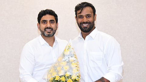 Minister for Human Resources Development (HRD) Nara Lokesh and star cricketer Hanuma Vihari.