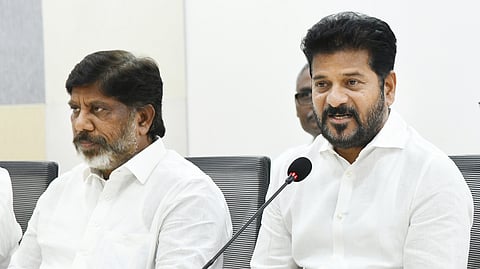CM Revanth Reddy and Dy CM Mallu Bhatti Vikramarka during a press meet in the Secretariat.