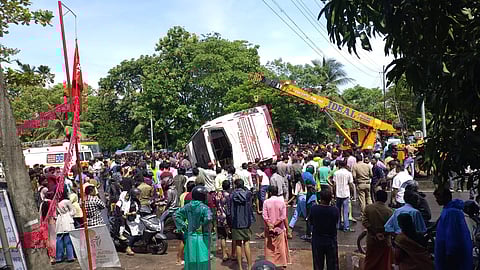 Private tourist bus accident at the Edapally-Aroor stretch of the national highway near Madavana in Kochi