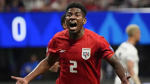 Panama's Cesar Blackman celebrates after scoring the equaliser against the United States during a Copa America Group C soccer match in Atlanta, Thursday, June 27, 2024.