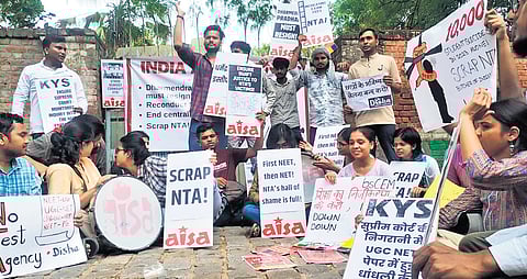 Activists of student organisations holding protest at Jantar Mantar.