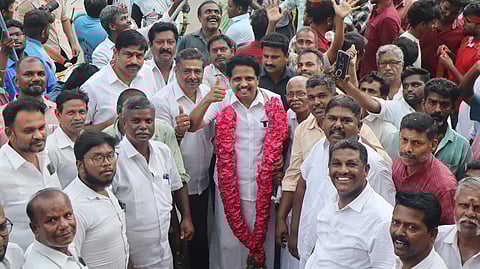 S Venkatesan celebrating with supporters in Madurai.