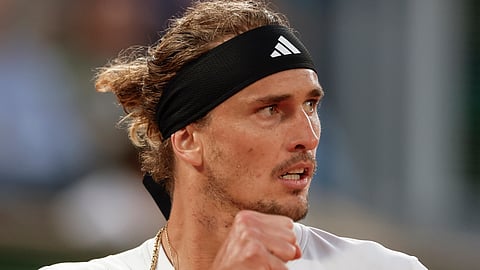 Germany's Alexander Zverev clenches his fist after scoring a point against Australia's Alex De Minaur during their quarterfinal match of the French Open on June 5, 2024.