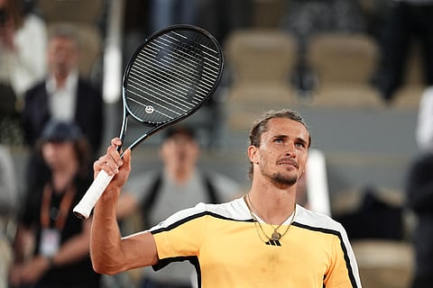 Germany's Alexander Zverev celebrates after winning his men's singles semi final match against Norway's Casper Ruud at the Roland Garros Complex in Paris on June 7, 2024.