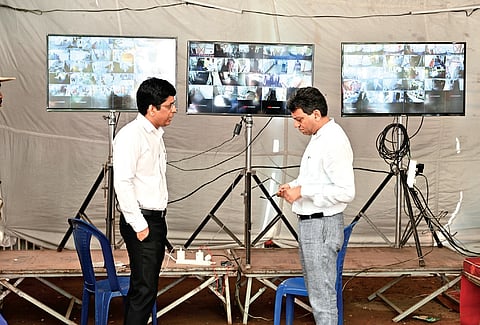 District Election Officer and BBMP Chief Commissioner Tushar Girinath inspect a counting centre in Bengaluru on Sunday