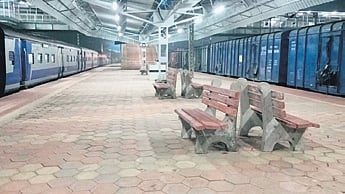 A goods train occupying one platform at the Rourkela station