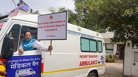 Former union minister Vijay Goel leaves for Delhi Chief Minister Arvind Kejriwal's residence with a team of medics to mock the latter's plea seeking extension of his interim bail on medical grounds, in New Delhi, Saturday, June 1, 2024.