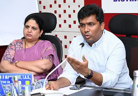 Collector Sagili Shanmohan addressing the media at the Collectorate