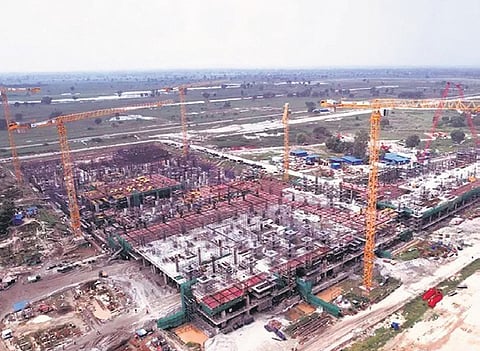 An arial view of the under-construction passenger terminal of the Noida international airport in Gautam Buddh Nagar, UP.