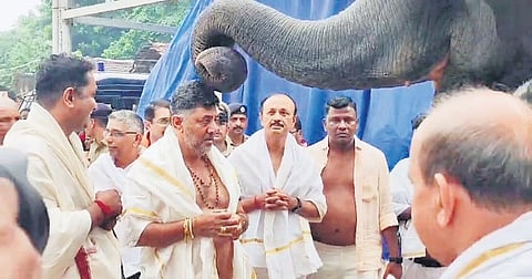 Deputy Chief Minister DK Shivakumar takes blessings from an elephant
at Kukke Shri Subrahmanya Swamy Temple on Tuesday