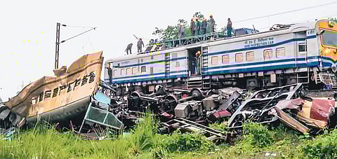 Wreckage of trains a day after Kanchanjunga Express and a goods train collided near Rangapani station, on Tuesday.