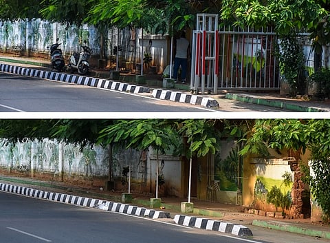 10/06/2024 - Bhubaneswar - Before and after photos Hospital road, where the metal barricade installed outside VK Pandian's residence has been removed a day after the Naveen Patnaik's close aid retired from active politics,