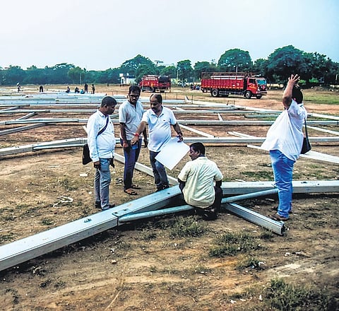 Preparation is in full swing for the oath-taking ceremony of the new BJP government in the state, at Janata Maidan in Bhubaneswar on Thursday