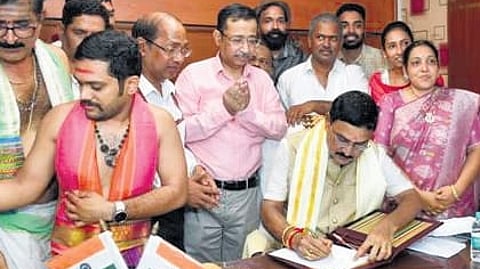 B Srinivasa Varma takes charge as the Union Minister of State for Heavy Industries & Steel in New Delhi