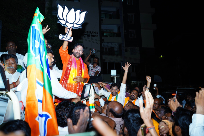 BJP state president G Kishan Reddy during the celebrations after winning the Secunderabad constituency