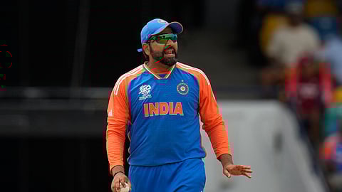 India's captain Rohit Sharma reacts during the ICC Men's T20 World Cup final cricket match between India and South Africa at Kensington Oval in Bridgetown, Barbados, Saturday, June 29, 2024.