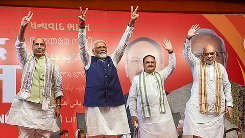 PM Narendra Modi, Union Home Minister Amit Shah, Union Defence Minister Rajnath Singh and BJP National President JP Nadda during a meeting at the party headquarters as the party leads in the LS elections amid the counting of votes in New Delhi