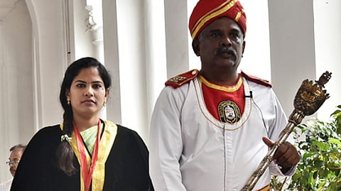 Mayor R Priya arrives at the Greater Chennai Corporation