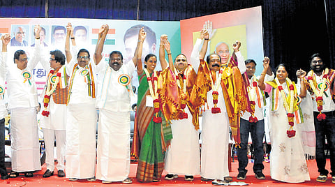 The members of the Tamil Nadu Congress Committee during the party general body meetingg at Kamarajar Arangam on Tuesday