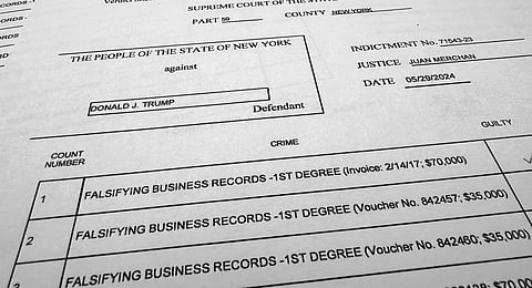 The verdict sheet in the hush money trial of former President Donald Trump is photographed Thursday, May 30, 2024, after a jury convicted Trump of felony crimes for falsifying business records in a scheme to illegally influence the 2016 election.