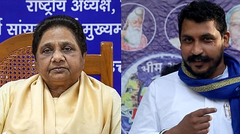 Bahujan Samaj Party chief Mayawati (R), Azad Samaj Party chief Chandrashekhar Azad