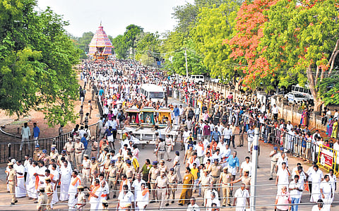 Devotees pulling Kandadevi Temple car during a procession in Sivaganga