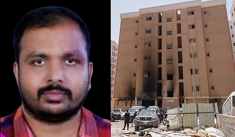 (L) 29-year-old Sajan George of Kollam; (R) People walk past a building that was ingulfed by fire in Kuwait City on June 12, 2024.