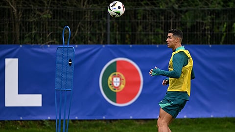 Portugal's forward Cristiano Ronaldo takes part in a training session at the team base in Harsewinkel, western Germany on June 16, 2024, during the UEFA Euro 2024 football Championship.