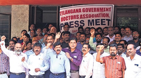 Telangana Government Doctors Association demand for general transfers of doctors at the DME campus in Koti on Tuesday