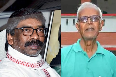 Former Jharkhand Chief Minister Hemant Soren (L) Father Stan Swamy